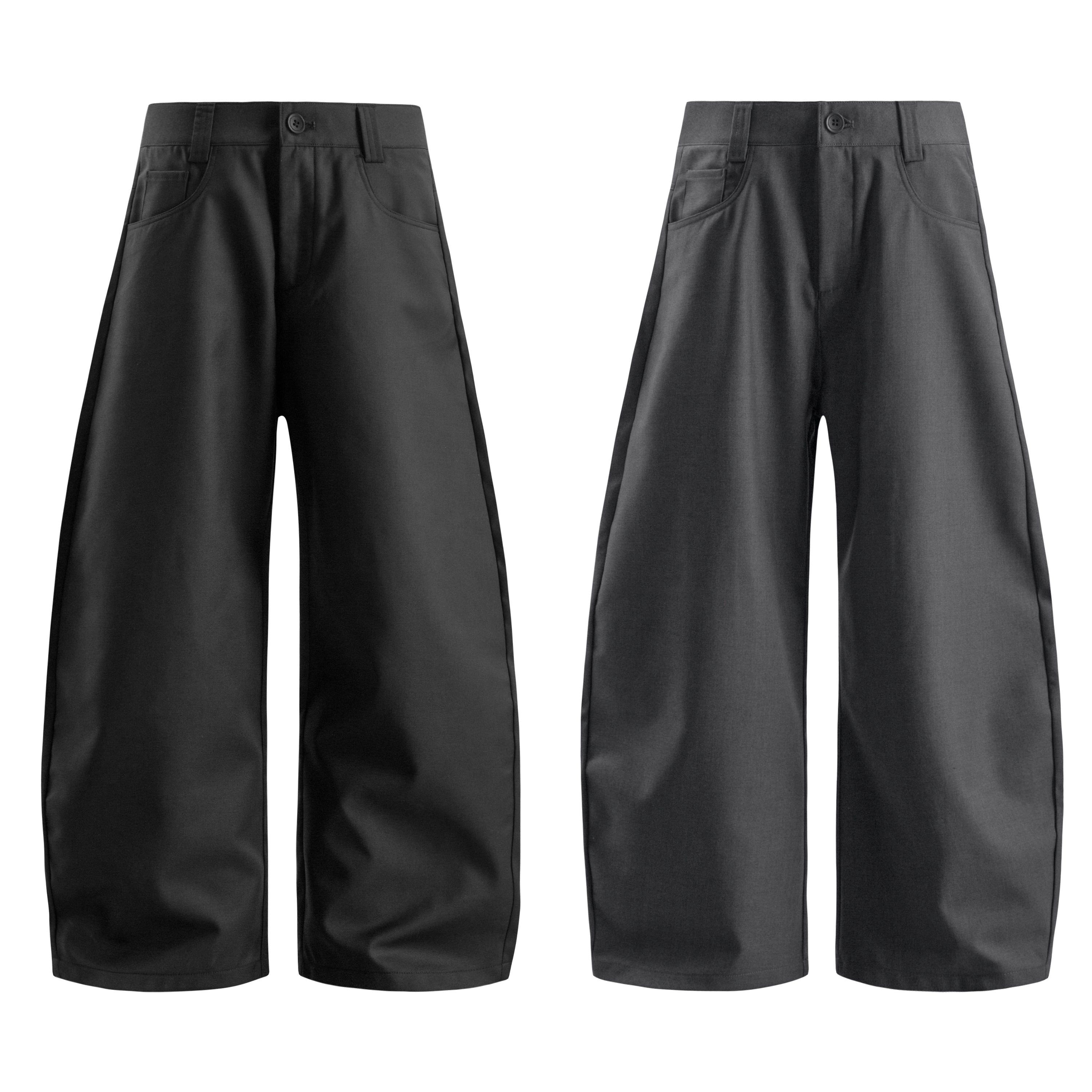 Front and side view of black and dark charcoal wide-leg tailored pants with high-rise waist and minimal design