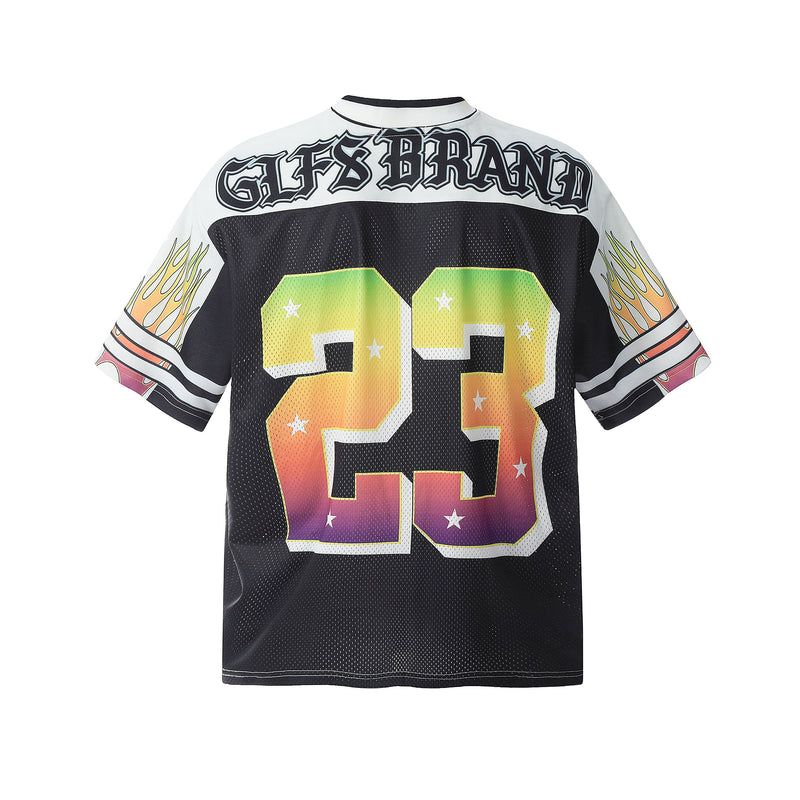 Black GLFS Brand jersey with rainbow gradient number 23, white shoulders, and flame sleeve graphics on the back