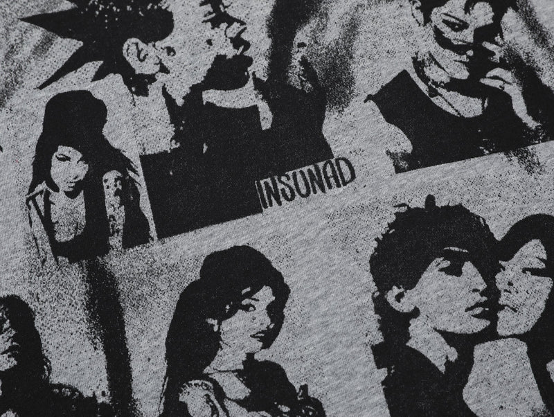 Black-and-white graphic tee with collage-style portrait prints and bold Insunad text on streetwear fabric