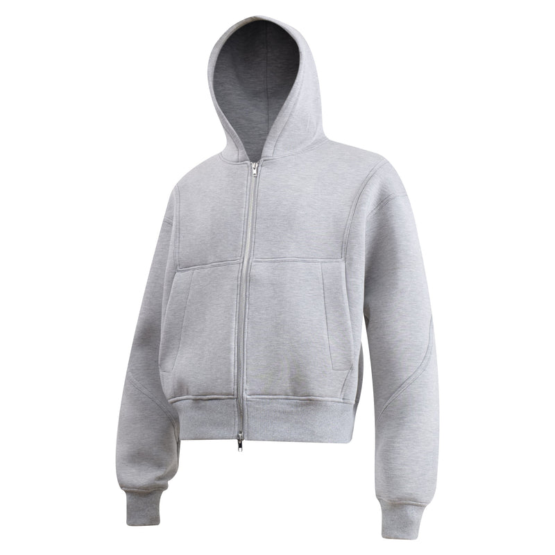 Light gray zip-up hoodie angled front view with hood up and long sleeves