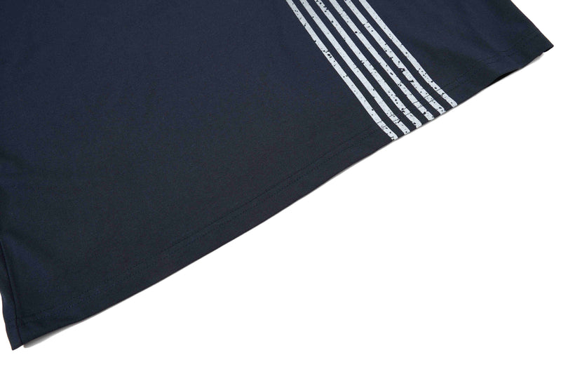 Dark navy sport tee with diagonal white stripe graphic on the sleeve and hemmed side seam detail