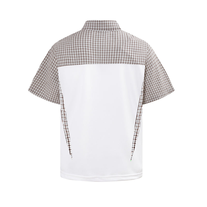 Oversized vintage plaid panel polo shirt in white with brown checkered yoke and short sleeves, back view