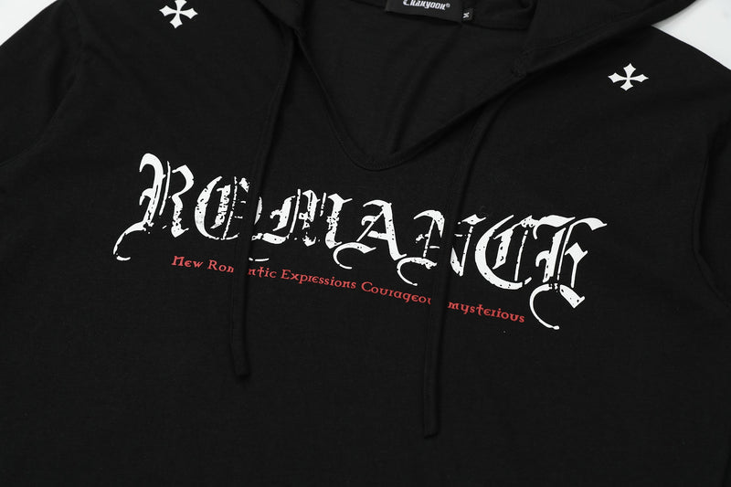 Close-up of black hoodie front with gothic logo, chest symbols, and drawstrings