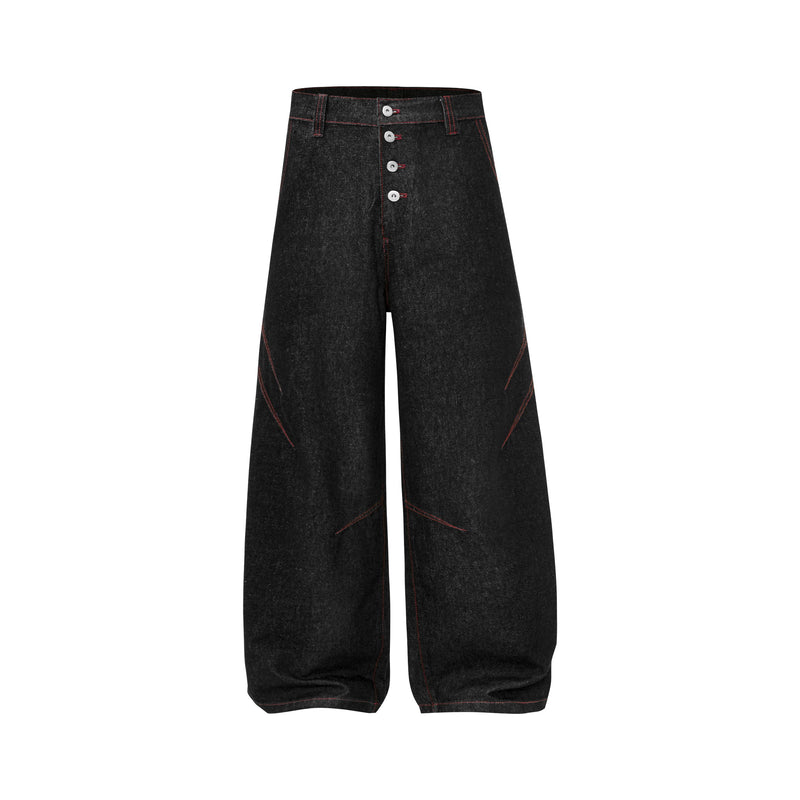 Front view of black wide leg denim pants with contrast red stitching and four-button closure