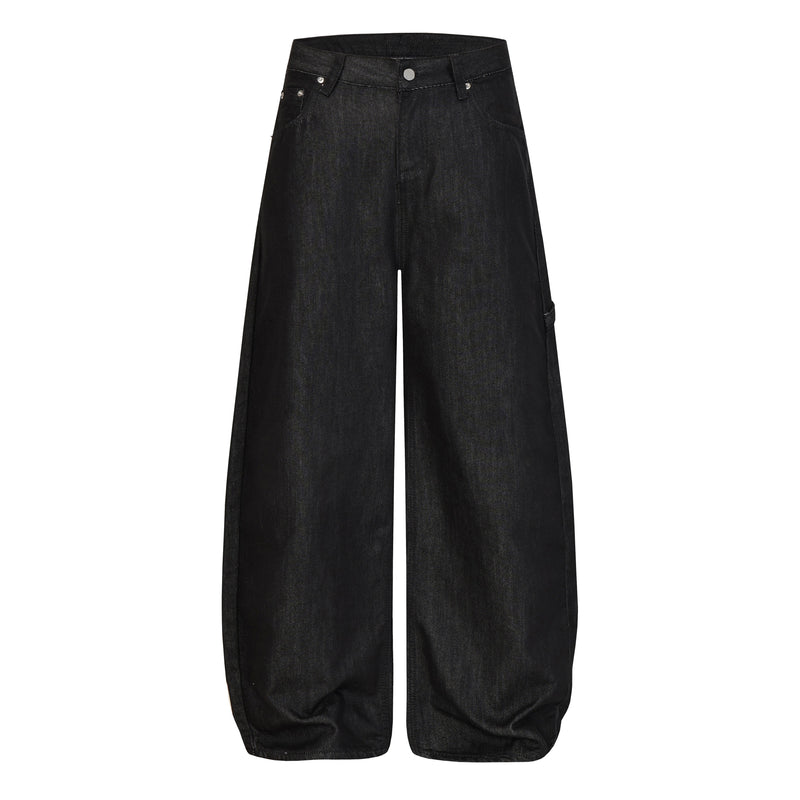 Front view of black wide-leg jeans with a high waist and cross-pocket styling
