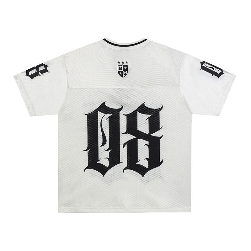 Oversized white mesh jersey with black gothic 08 print and varsity-style sleeve graphics on a streetwear top