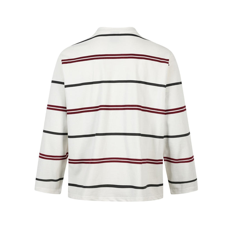 White striped mock neck long sleeve tee shown from the back