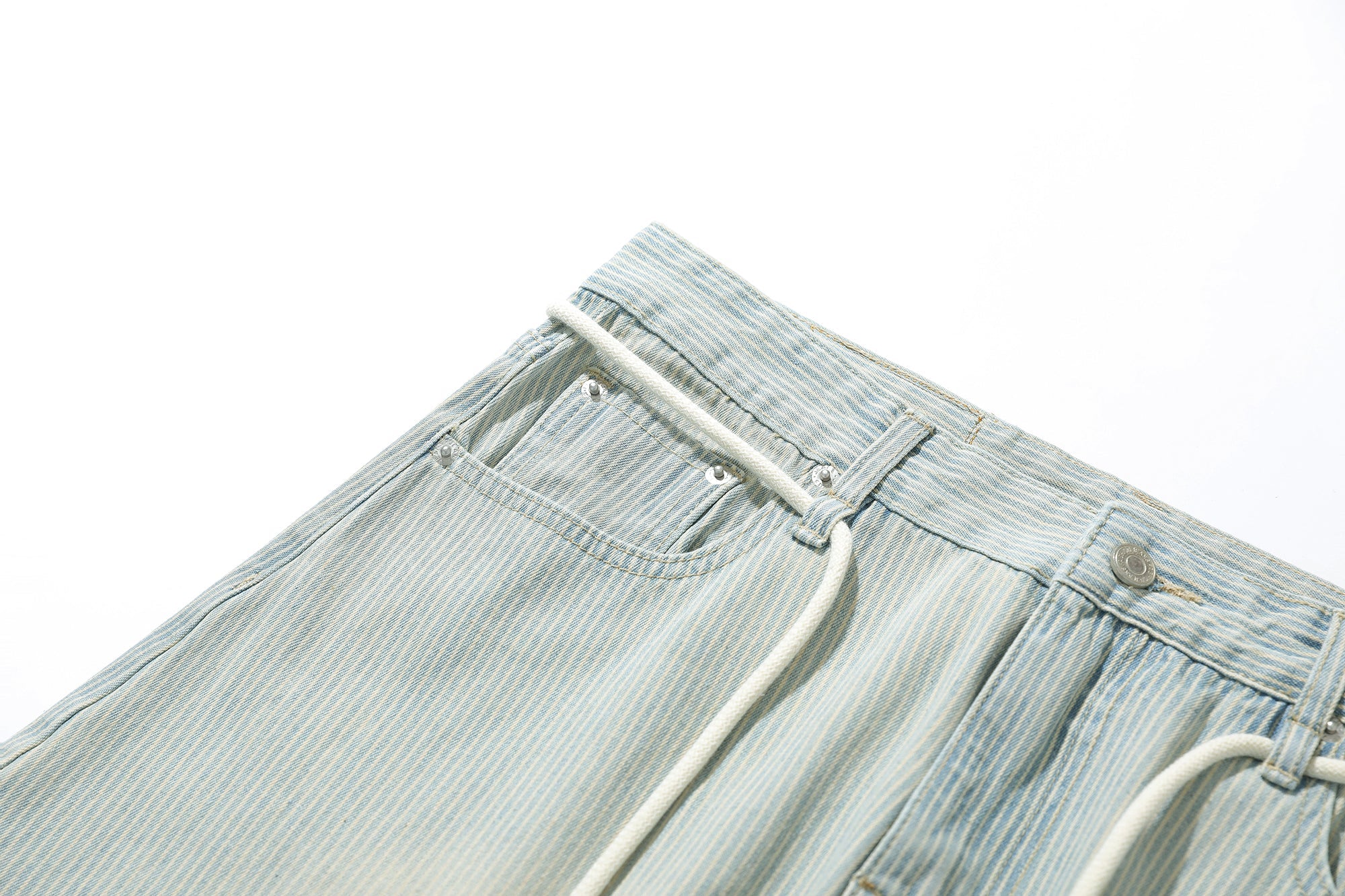 Washed Stripe Wide-Leg Denim Pants with Drawstring Waist