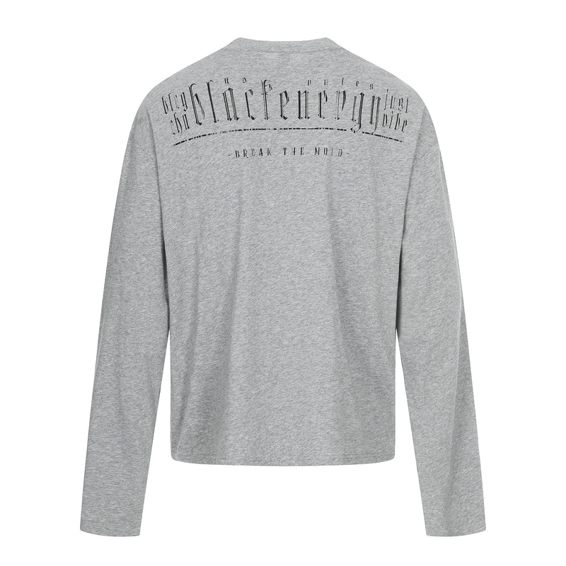 Gray long sleeve henley tee back view with arched black graphic text