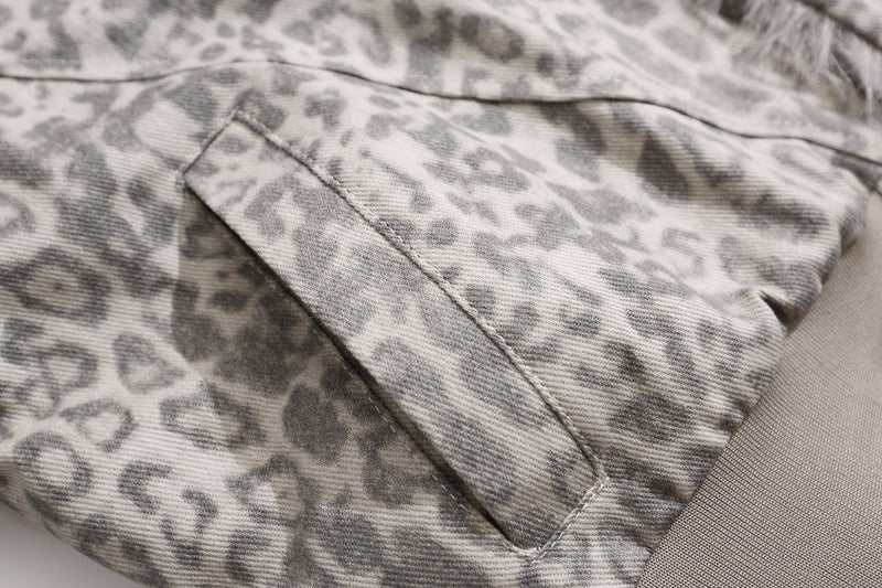 Leopard Print Faux Fur Collar Bomber Jacket | SEAKOFF