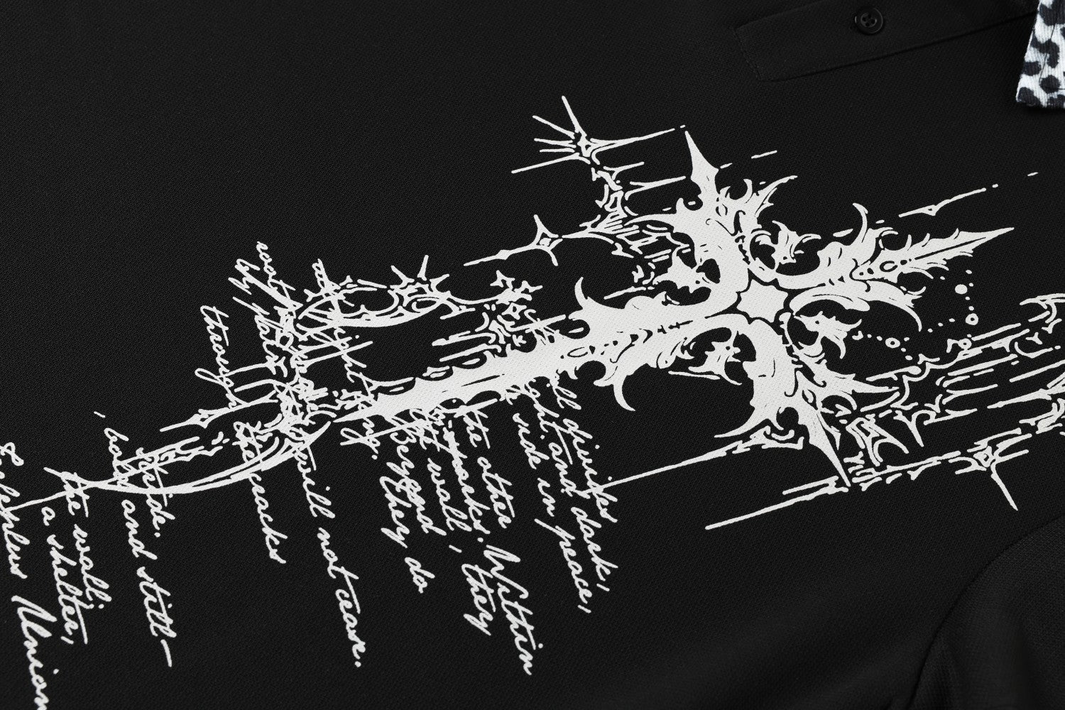 Gothic Cross Graphic Polo Shirt with Leopard Print Trim