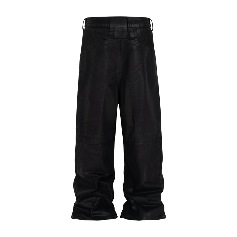 Black wide-leg pants, back view with curved seam panels and belt loops