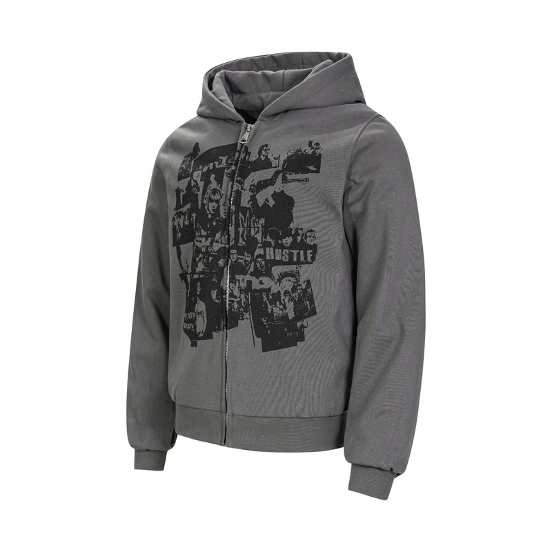 Charcoal gray hoodie with black collage graphic, angled front view