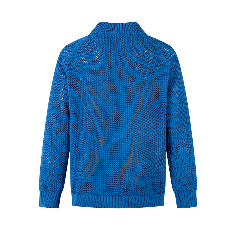 Blue mesh knit track jacket, back view with ribbed collar and hem