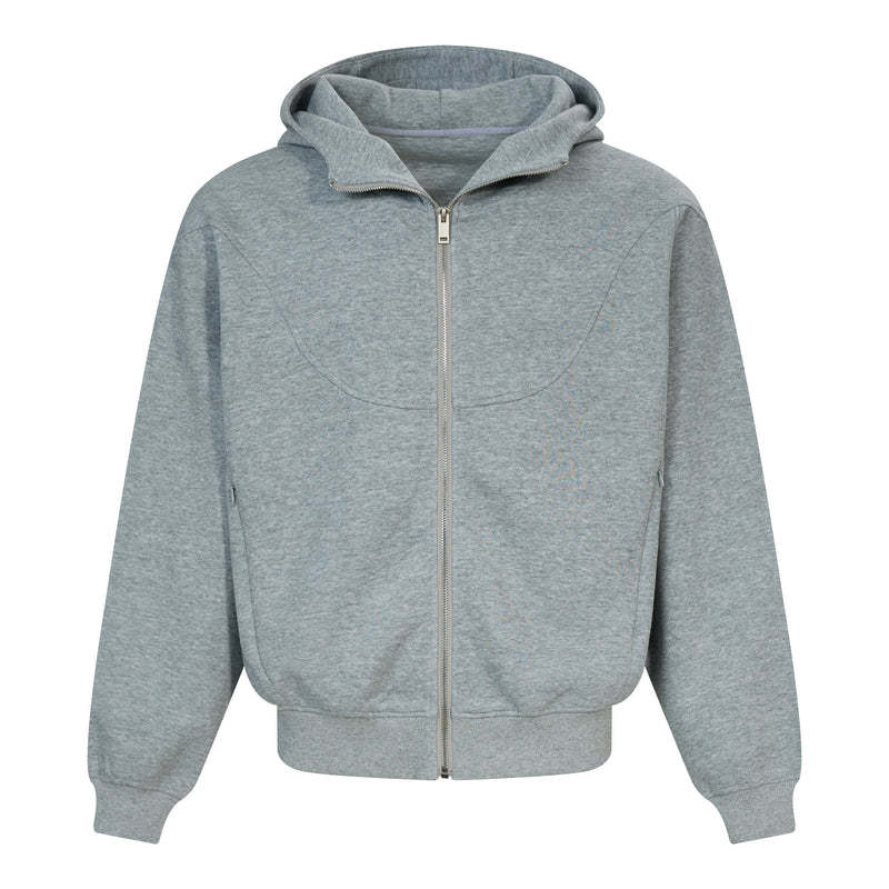 Gray full-zip hoodie front view with curved chest panels and hood