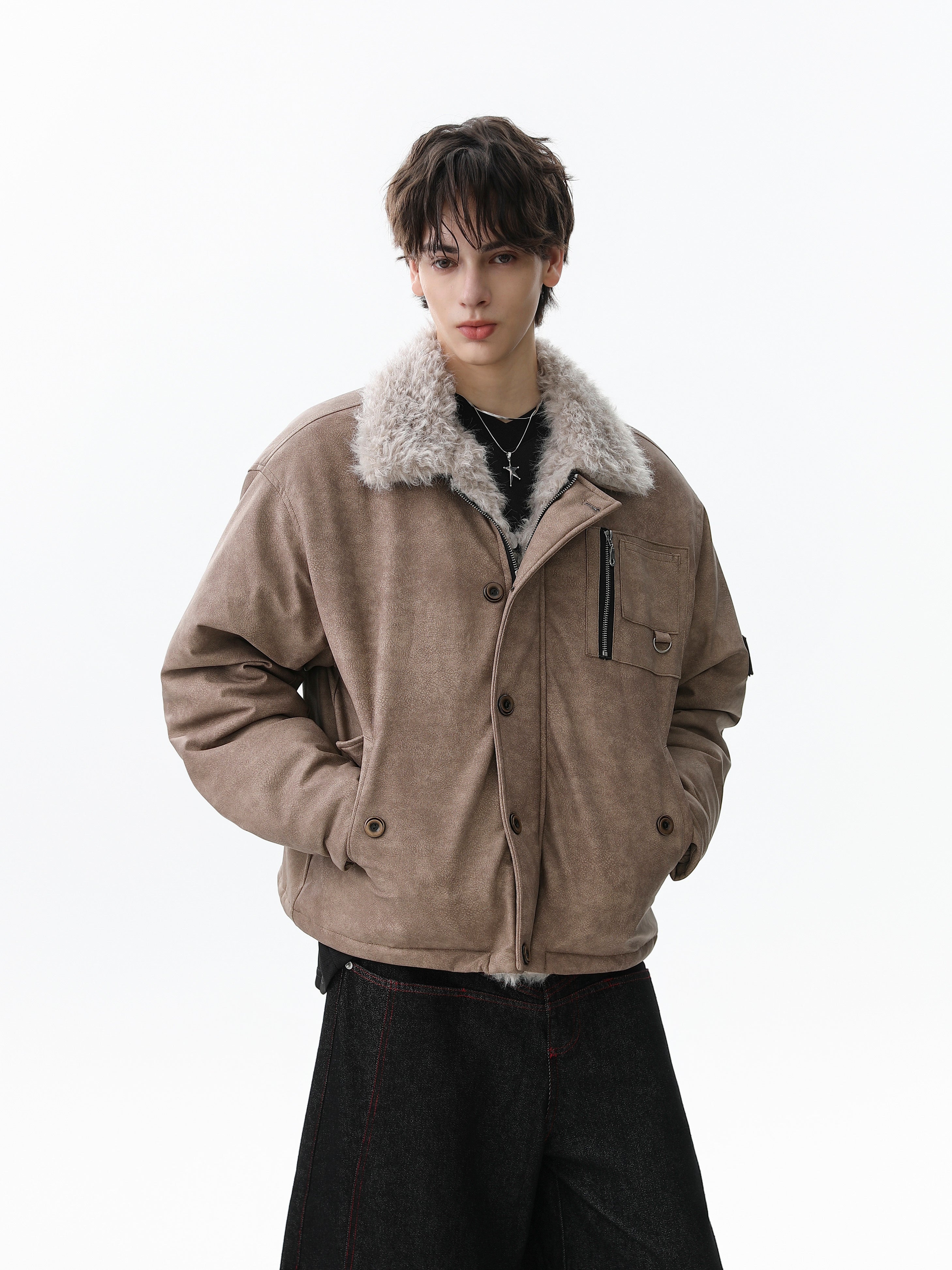Faux Shearling Collar PU Jacket | Vintage Workwear Style