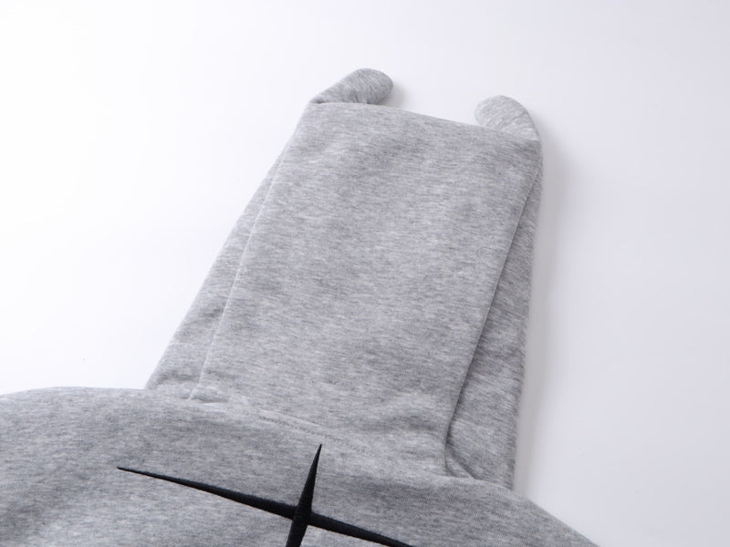 Gray hoodie back hood detail showing pointed ear shape
