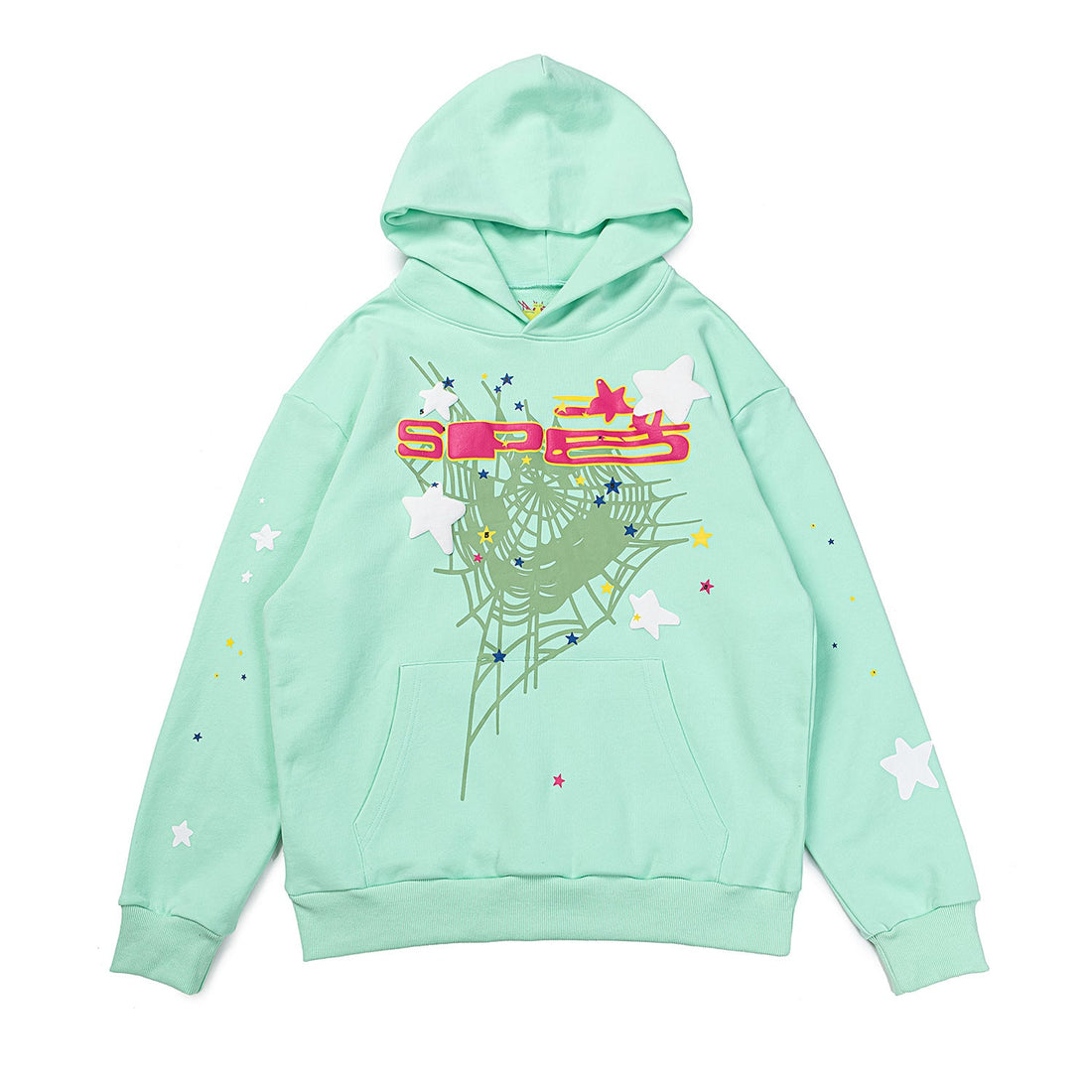 Fresh Mint Green Sp5der Hoodie - Trendy Web and Star Print Hooded Sweatshirt - Seakoff