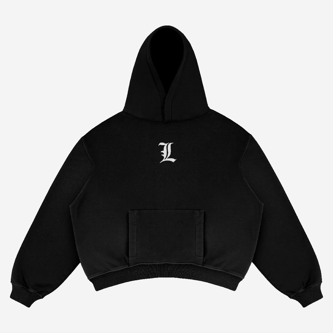 The Death Note Anime Hoodie - Light Yagami &amp; L Design from the Death Note brand is black with a front pocket and large hood. It features the letter &quot;L&quot; in white on the chest, perfect for anime fans, and its high-definition graphic pops against a plain white background.