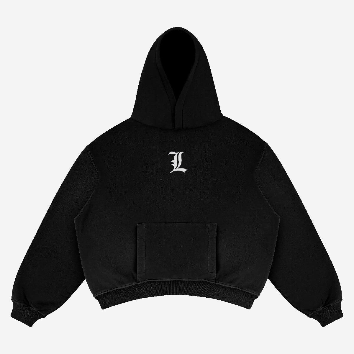 The Death Note Anime Hoodie - Light Yagami &amp; L Design from the Death Note brand is black with a front pocket and large hood. It features the letter &quot;L&quot; in white on the chest, perfect for anime fans, and its high-definition graphic pops against a plain white background.