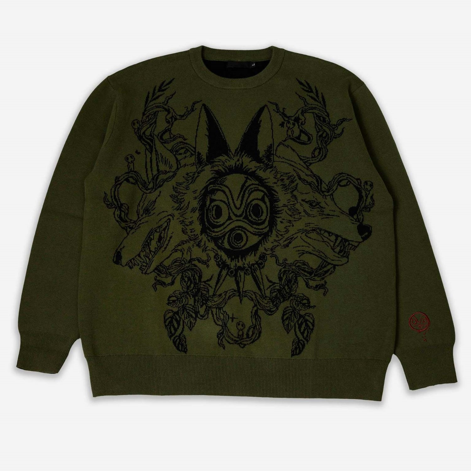 A beige sweatshirt from Seakoff, inspired by Princess Mononoke, features a stylized wolf spirit mask and red claw design for bold eco-warrior vibes.