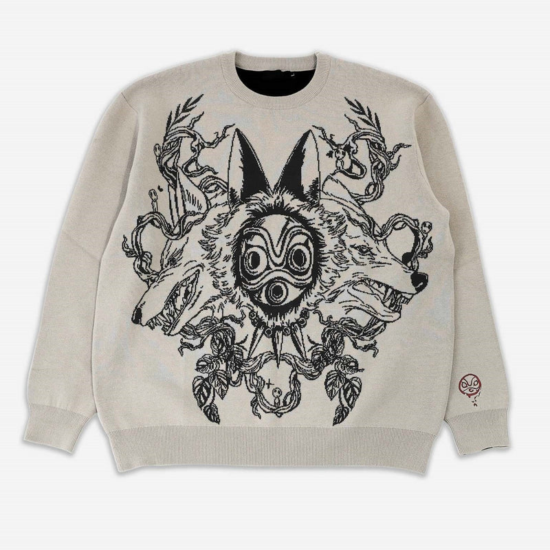Discover Seakoff's beige sweatshirt, inspired by Princess Mononoke. Featuring a stylized wolf spirit mask with pointed ears, organic patterns, and a circular motif in black. A red claw design near the sleeve adds to the eco-warrior vibe. Available as part of our anime streetwear collection.