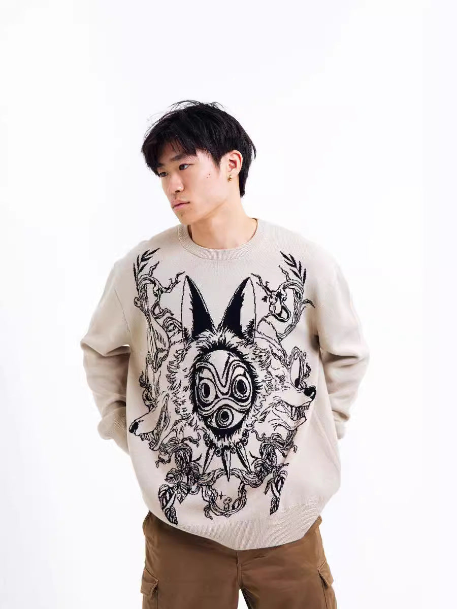 A person in Seakoff's Princess Mononoke Inspired Beige Sweatshirt, featuring a Wolf Spirit Mask & Red Claw design, channels eco-warrior vibes with dark hair and hands in pockets against a plain white backdrop.