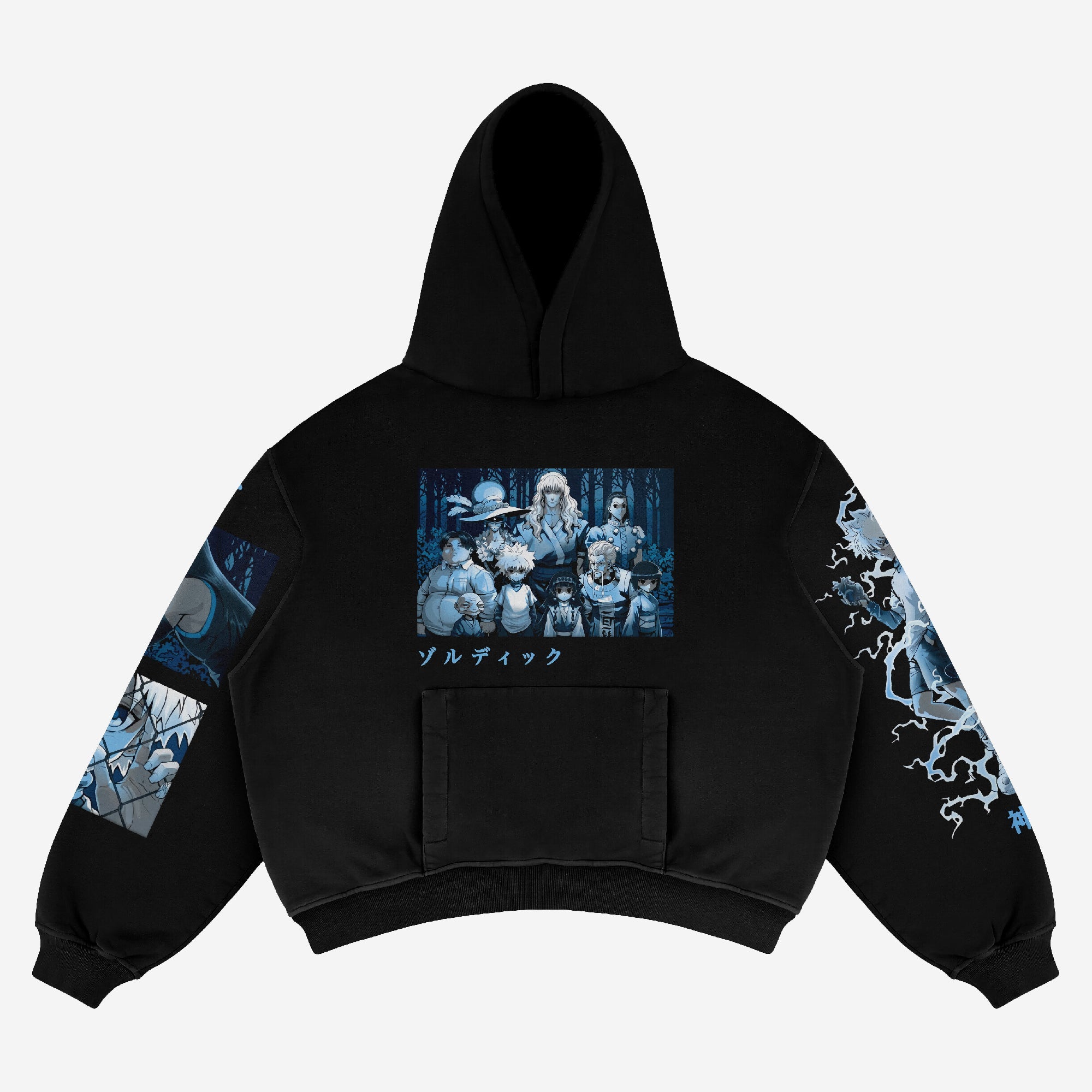 The Zoldyck Family Thunderstrike Anime Hoodie from Hunter × Hunter's Hunter Series features a fantasy-themed graphic on the back depicting characters in a forest. The sleeves boast blue and white designs—a moonlit landscape, and a twisting branch-like design—along with text in an unknown language.