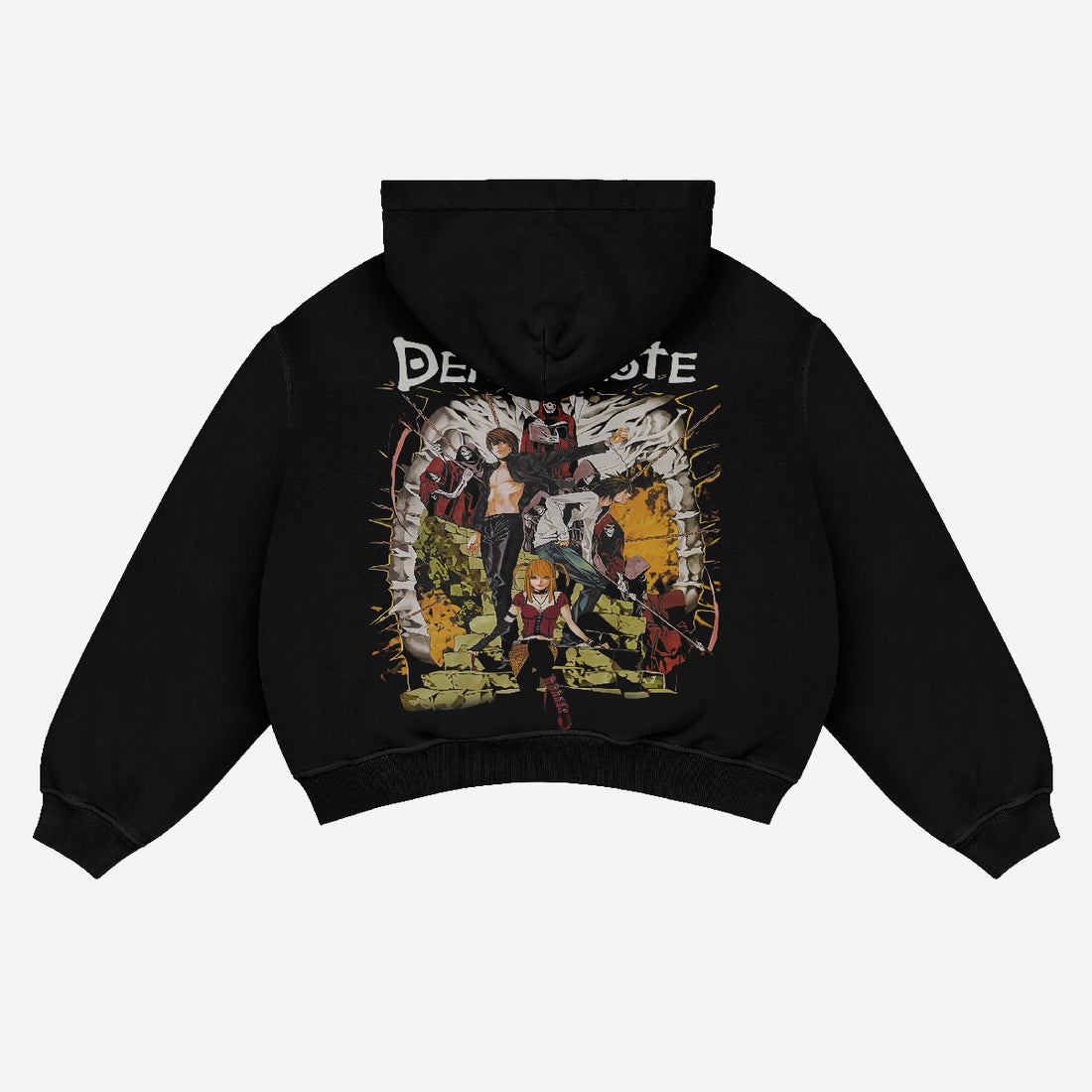 A Death Note Anime Hoodie in black showcases Light Yagami and L in dynamic poses, surrounded by a spiky circular design, ideal for anime fans. The hoodie has "DEMON SLAYER" text at the top and is shown against a plain white background.