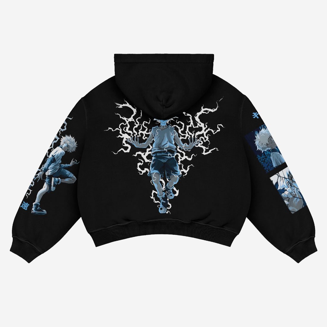 The Zoldyck Family Thunderstrike Anime Hoodie - Hunter Series Edition by Hunter × Hunter features a dynamic design with electrifying lightning effects on the back and action-packed poses on the sleeves, accented in blue and white. Perfect for anime enthusiasts!.