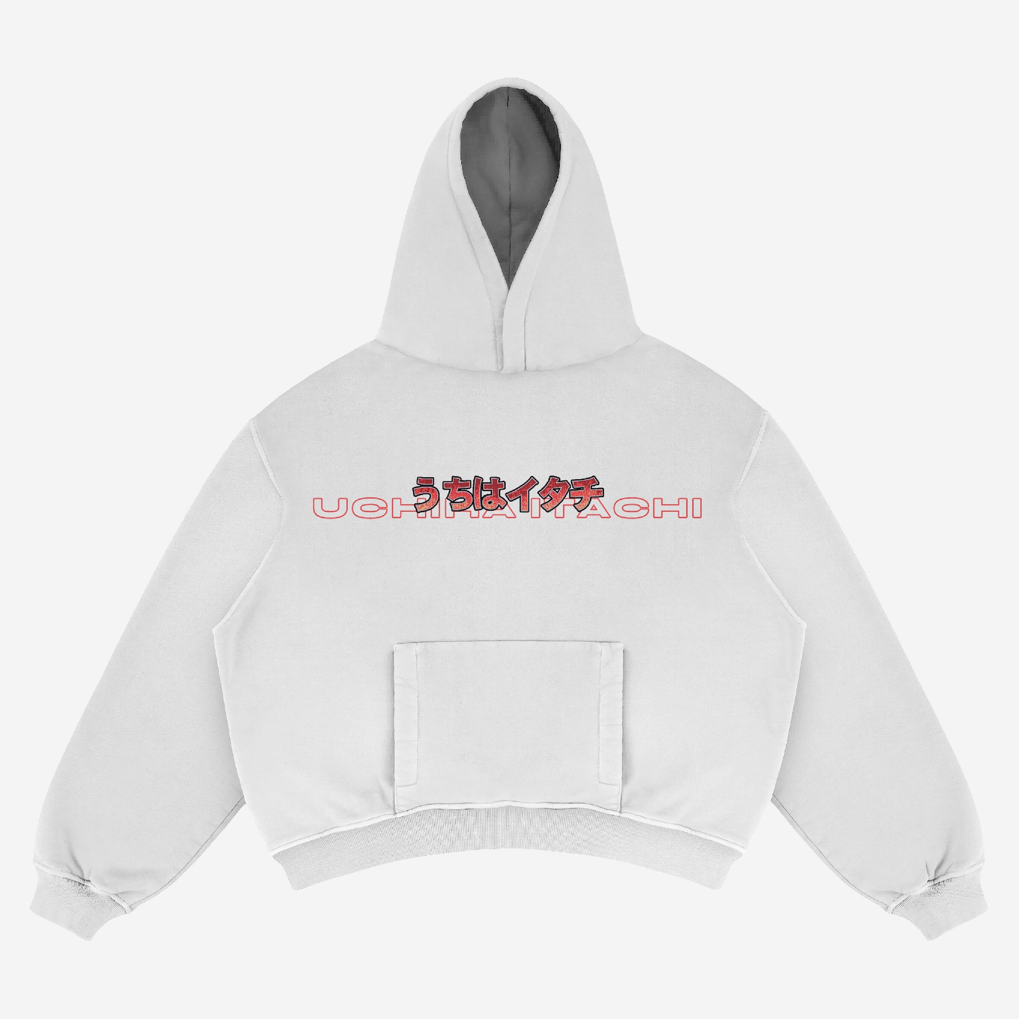 The Naruto Itachi Uchiha Hoodie is a 100% cotton, light gray street-style anime apparel featuring red and black stylized text with &quot;Uchiha Itachi&quot; on the front. It has a kangaroo pocket, ribbed cuffs, and hem, ideal for street-style enthusiasts. Laid flat against a light background.