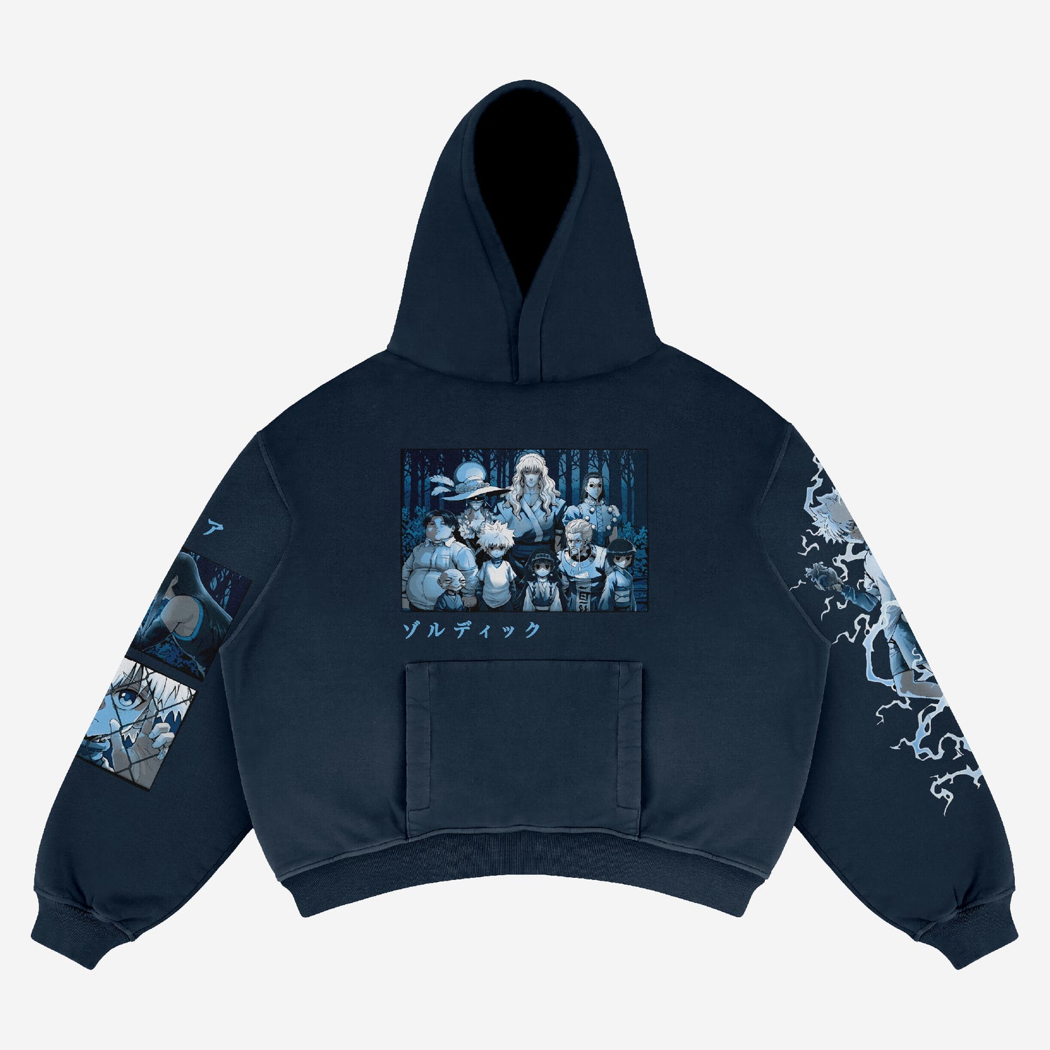 The Zoldyck Family Thunderstrike Anime Hoodie by Hunter × Hunter, features a back graphic of grayscale anime characters amidst trees. Inspired by the Hunter series, the dark blue hoodie includes sleeve and pocket graphics, subtly nodding to fans with its themed details.