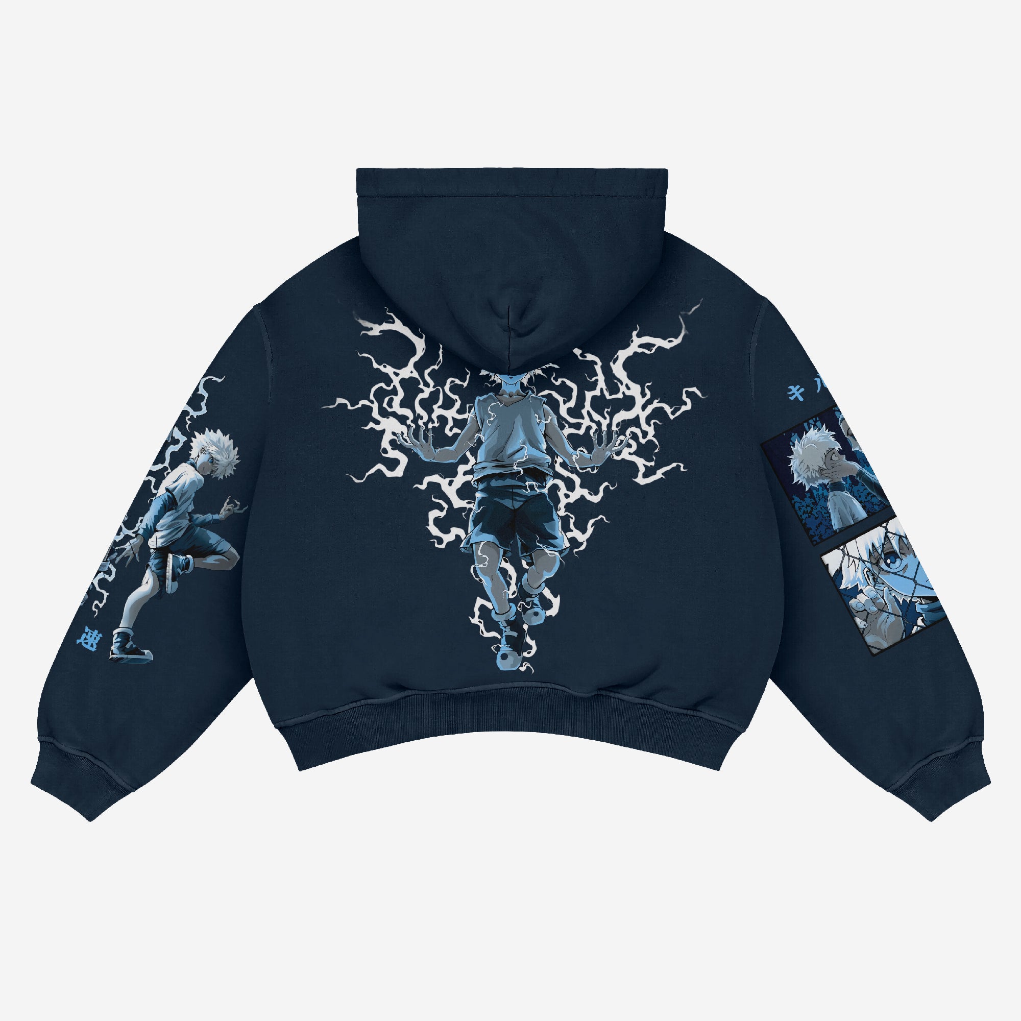 Introducing the Zoldyck Family Thunderstrike Anime Hoodie by Hunter × Hunter, a stunning black hoodie with a back design featuring a character from the Hunter series in blue lightning. The left sleeve shows the character in action, while the right displays three dynamic illustration panels.