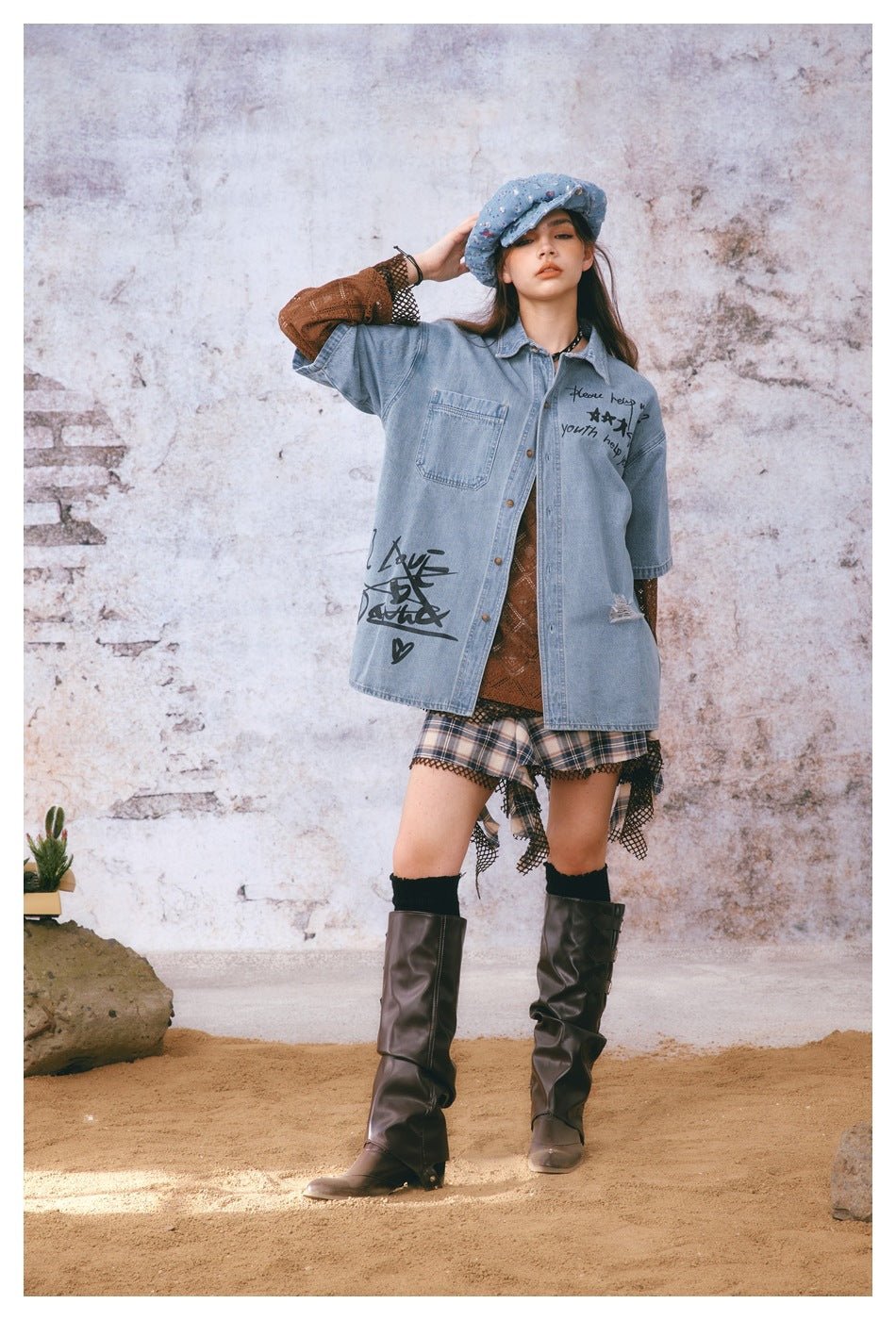 Graffiti Print Denim Chambray Shirt on Sale - Men's and Women's Short Sleeve Urban Style - Seakoff