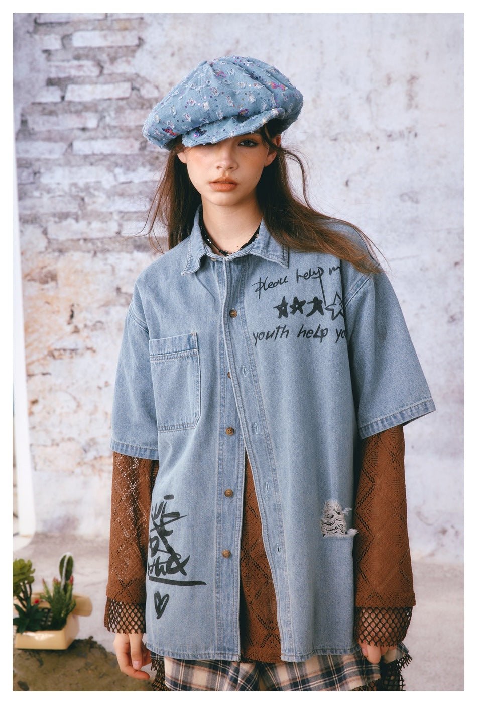 Graffiti Print Denim Chambray Shirt on Sale - Men's and Women's Short Sleeve Urban Style - Seakoff