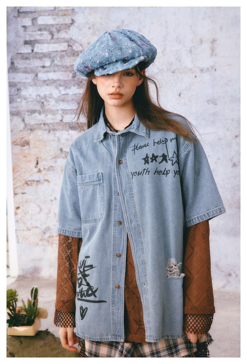 Graffiti Print Denim Chambray Shirt on Sale - Men's and Women's Short Sleeve Urban Style - Seakoff