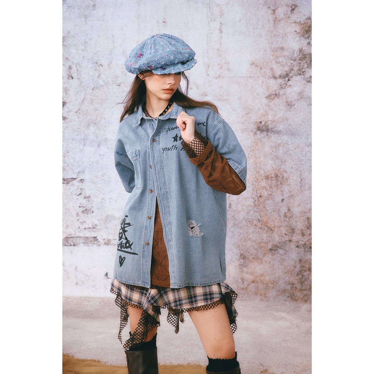 Graffiti Print Denim Chambray Shirt on Sale - Men's and Women's Short Sleeve Urban Style - Seakoff