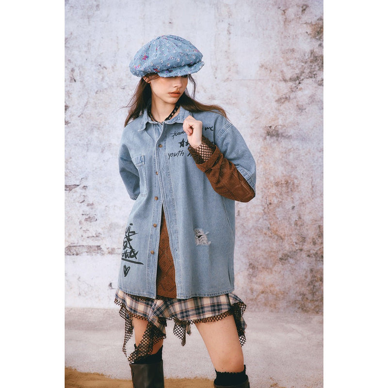 Graffiti Print Denim Chambray Shirt on Sale - Men's and Women's Short Sleeve Urban Style - Seakoff