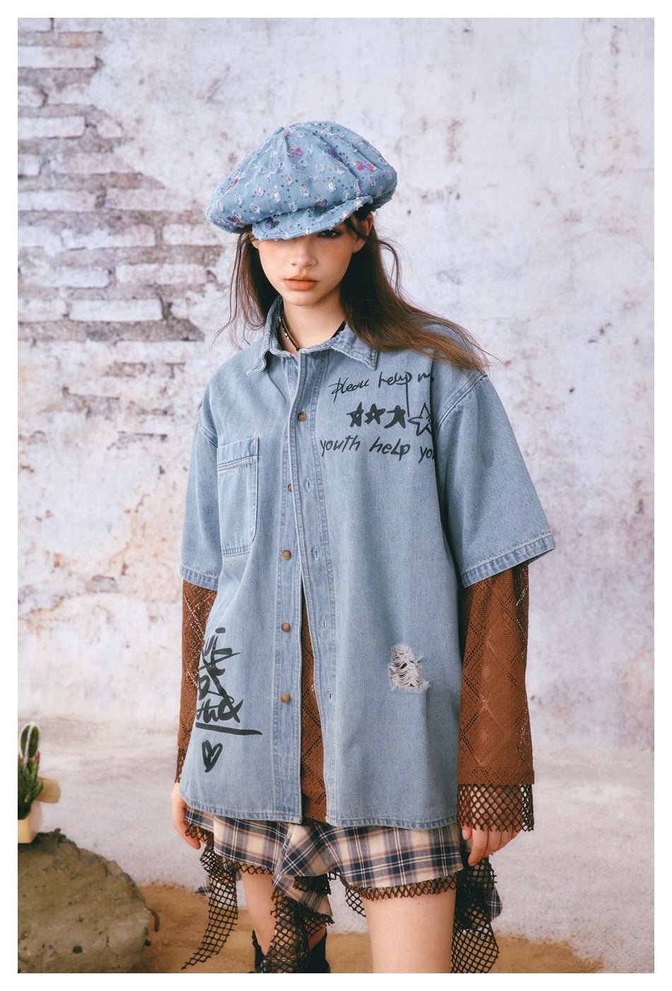 Graffiti Print Denim Chambray Shirt on Sale - Men's and Women's Short Sleeve Urban Style - Seakoff
