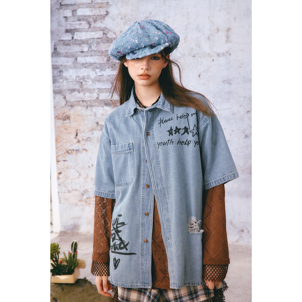 Graffiti Print Denim Chambray Shirt on Sale - Men's and Women's Short Sleeve Urban Style - Seakoff