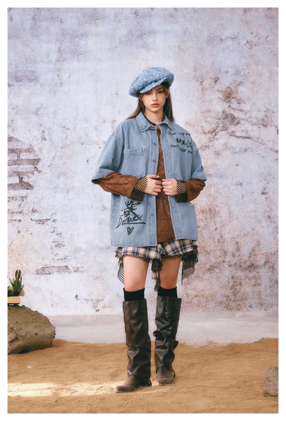 Graffiti Print Denim Chambray Shirt on Sale - Men's and Women's Short Sleeve Urban Style - Seakoff
