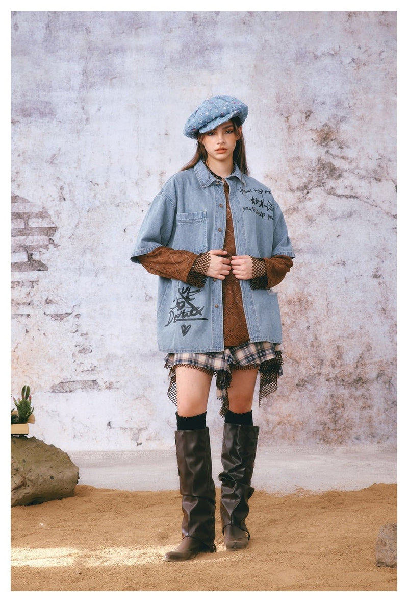 Graffiti Print Denim Chambray Shirt on Sale - Men's and Women's Short Sleeve Urban Style - Seakoff