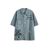 Graffiti Print Denim Chambray Shirt on Sale - Men&