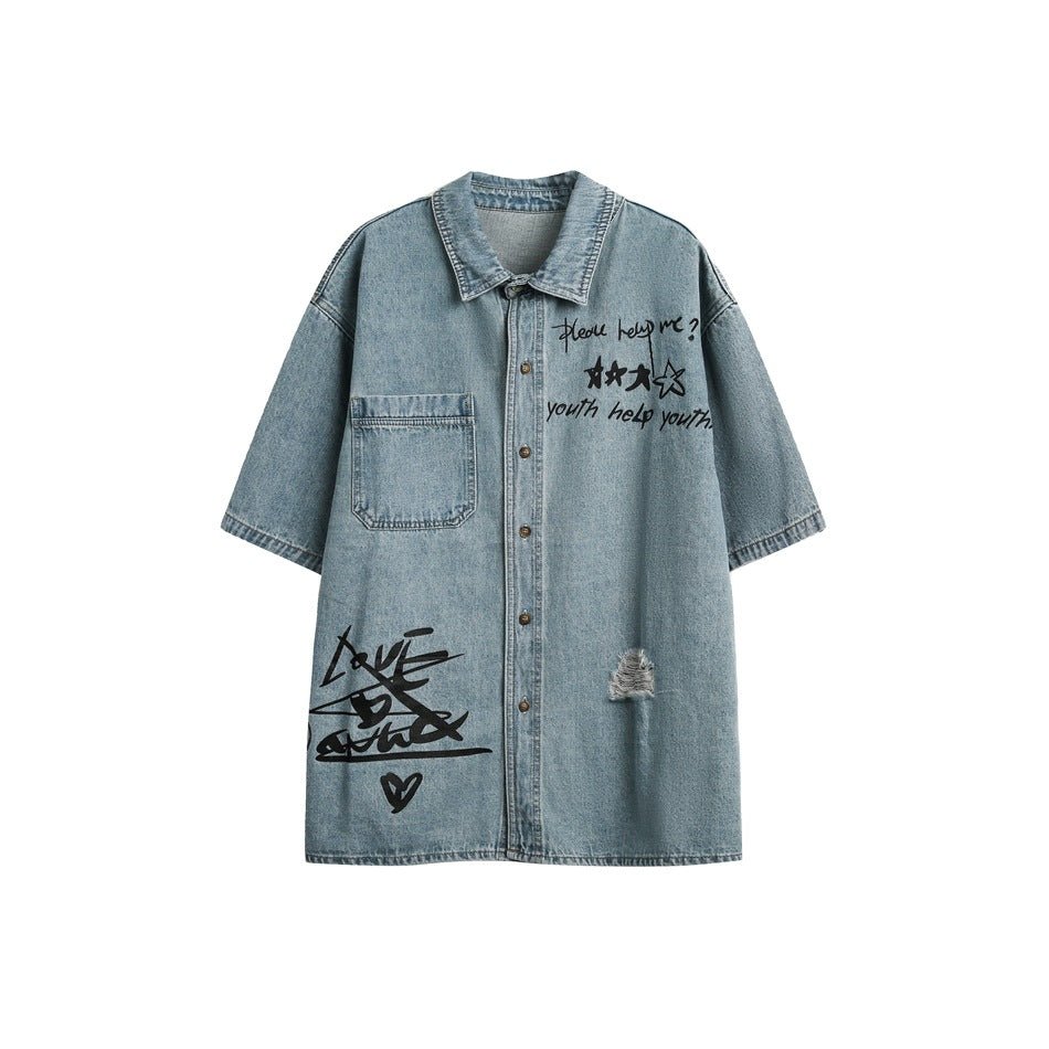 Graffiti Print Denim Chambray Shirt on Sale - Men's and Women's Short Sleeve Urban Style - Seakoff