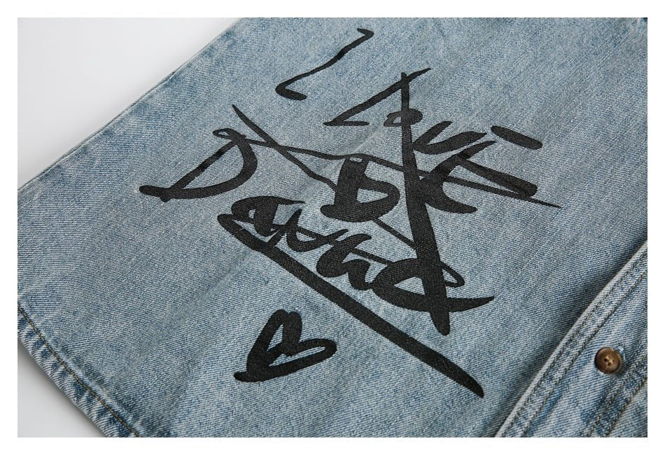 Graffiti Print Denim Chambray Shirt on Sale - Men's and Women's Short Sleeve Urban Style - Seakoff