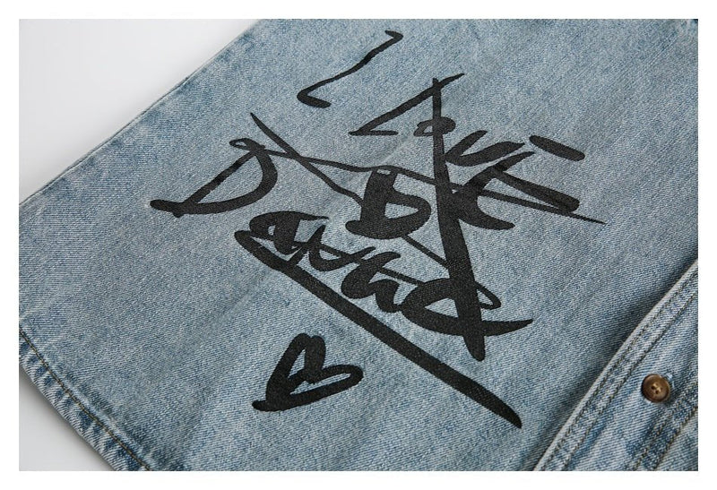 Graffiti Print Denim Chambray Shirt on Sale - Men's and Women's Short Sleeve Urban Style - Seakoff