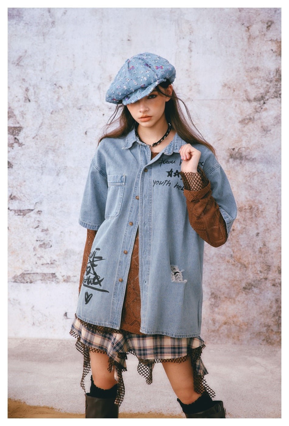 Graffiti Print Denim Chambray Shirt on Sale - Men's and Women's Short Sleeve Urban Style - Seakoff