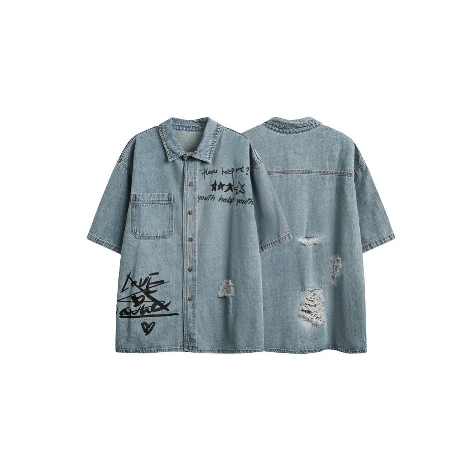 Graffiti Print Denim Chambray Shirt on Sale - Men&