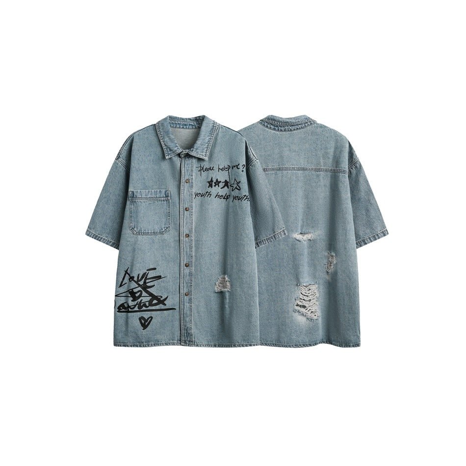Graffiti Print Denim Chambray Shirt on Sale - Men's and Women's Short Sleeve Urban Style - Seakoff