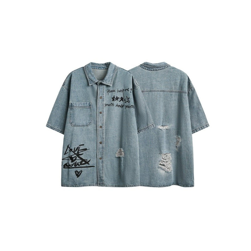 Graffiti Print Denim Chambray Shirt on Sale - Men's and Women's Short Sleeve Urban Style - Seakoff